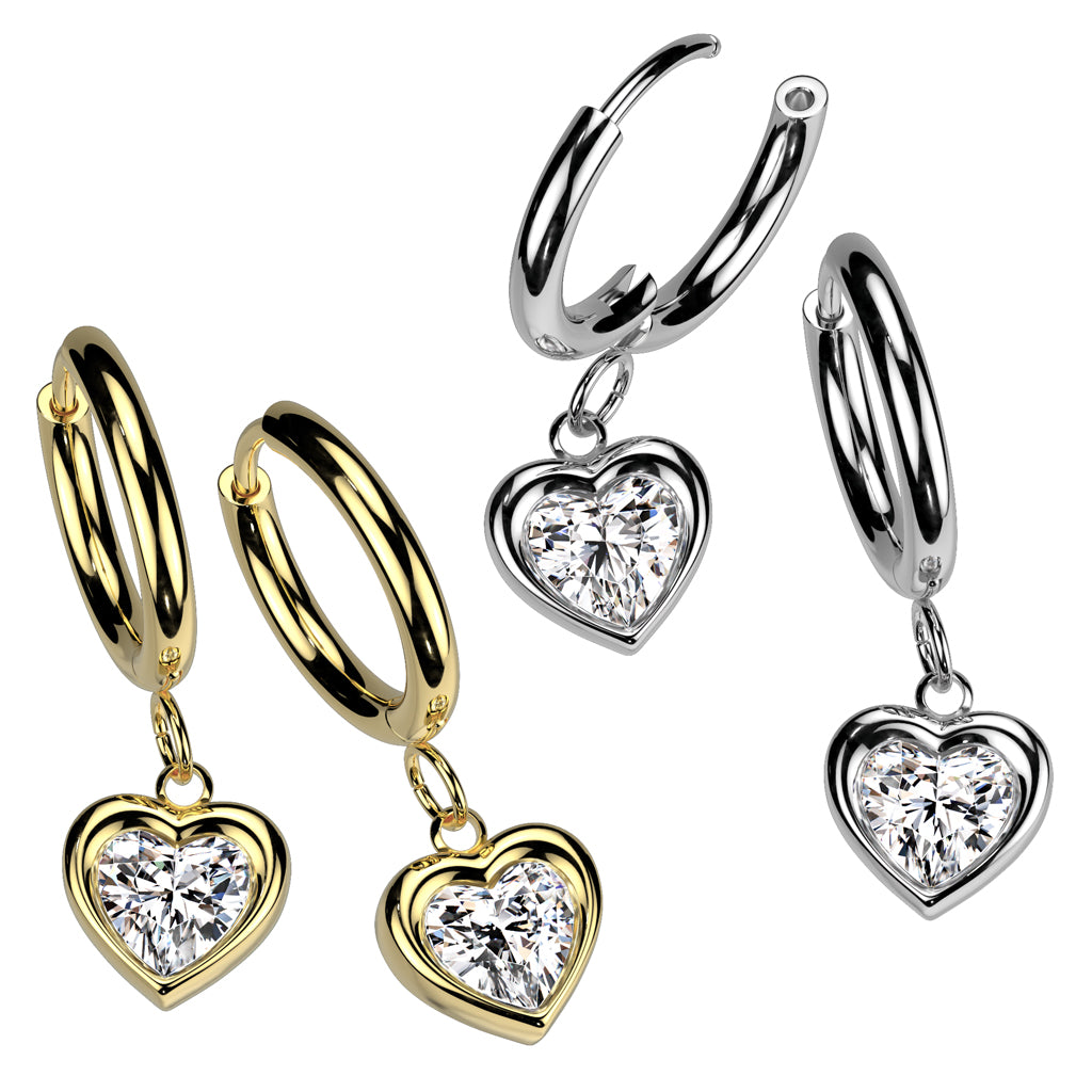 Hinged Hoop Earrings With Heart Dangle